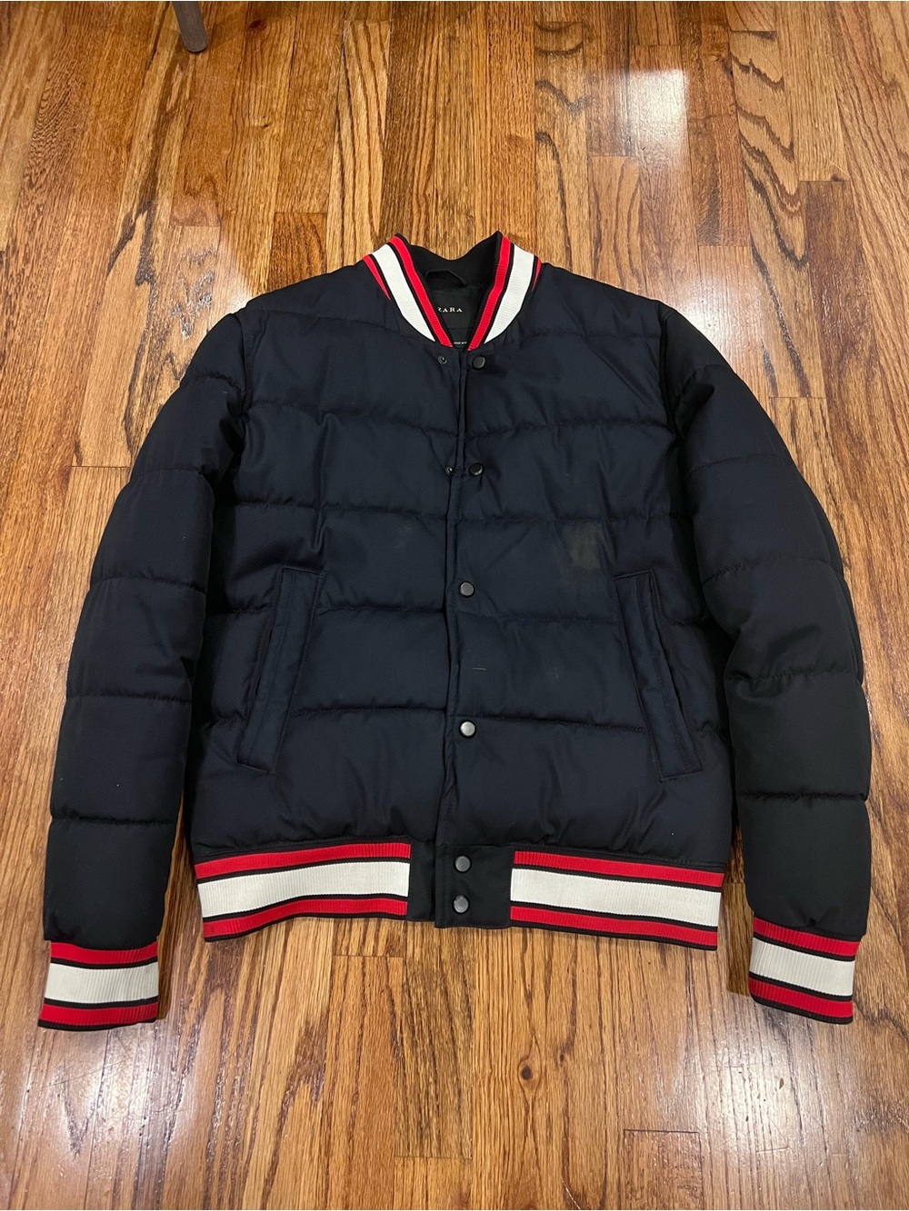 Zara Men’s Varsity Bomber Jacket Puffer Ribbed Trim Navy Red Size Small